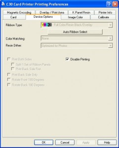 Screenshot of Printer Preferences Window, fixing a C30e wrong ribbon error
