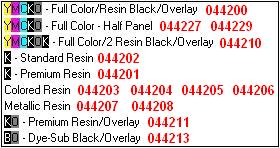 C30/C30e Ribbon Colors and Part Numbers